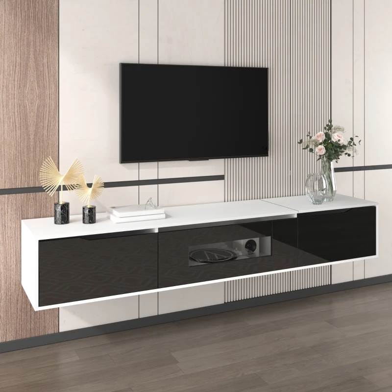 High-Gloss TV Stand with Colour-Changing LED Lighting and Versatile Mounting Options, Easy to Install, 71" L x 12" W x 12" H, Black+White