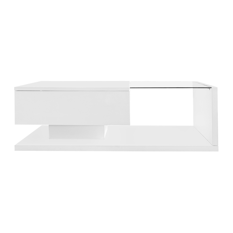 High-Gloss Coffee Table with Glass and LED Effect, Modern Design with Storage Compartment, Easy to Install, 41.5" L x 21.5" W x 12.5" H, White