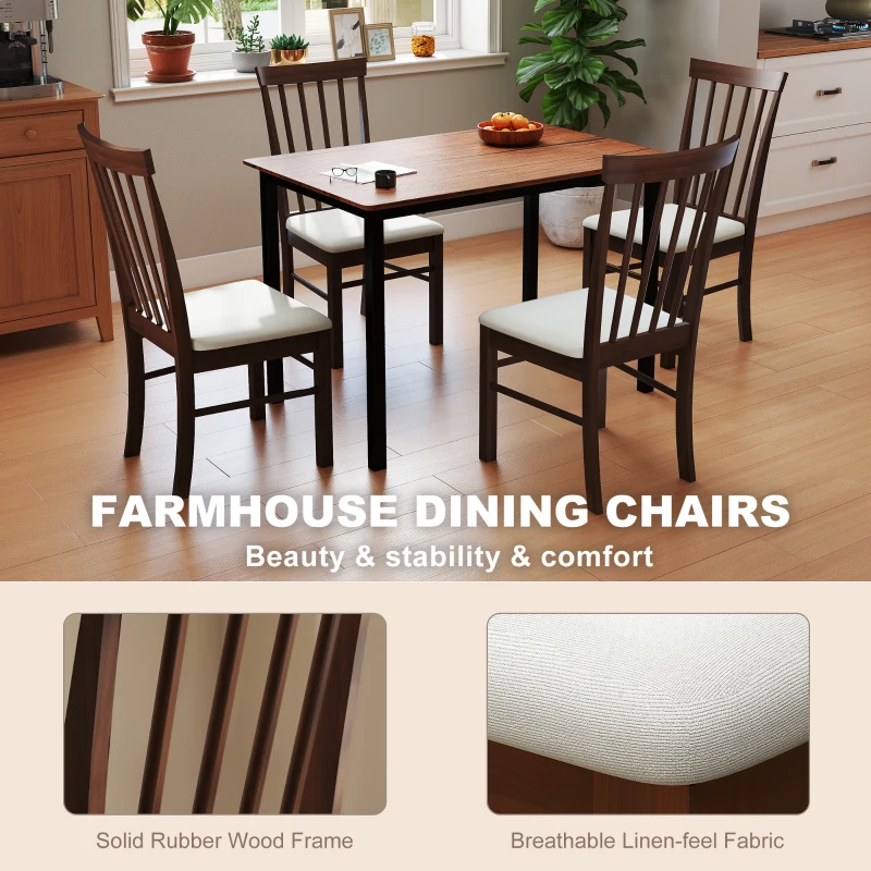 HOMCOM Wooden Dining Chairs Set of 4, Farmhouse Upholstered Kitchen Chairs with Rubber Wood Frame, Dark Brown and Beige