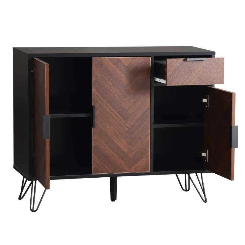 Modern Storage Cabinet with Drawer and Adjustable Shelves, Sideboard with Black Metal Feet, 35.5" L x 11.5" W x 28.5" H, Black+Wood