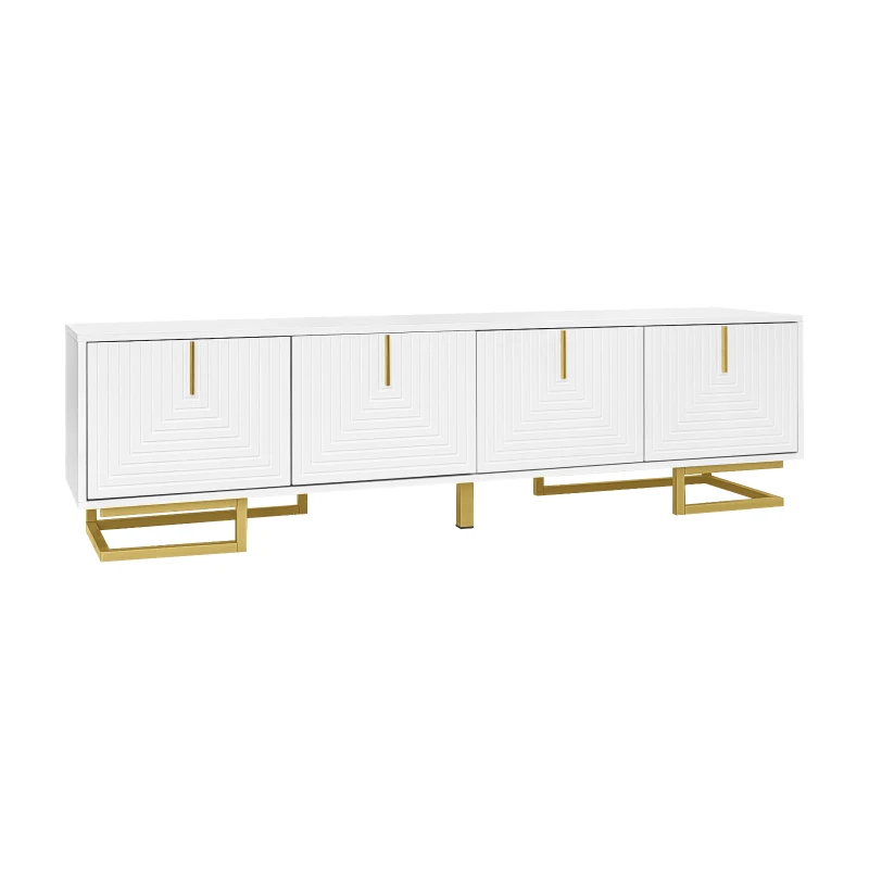 Modern TV Stand with Textured Doors, Gold Handles and Legs, Ample Storage Space, Easy to Install, 63" L x 15" W x 17.5" H, White