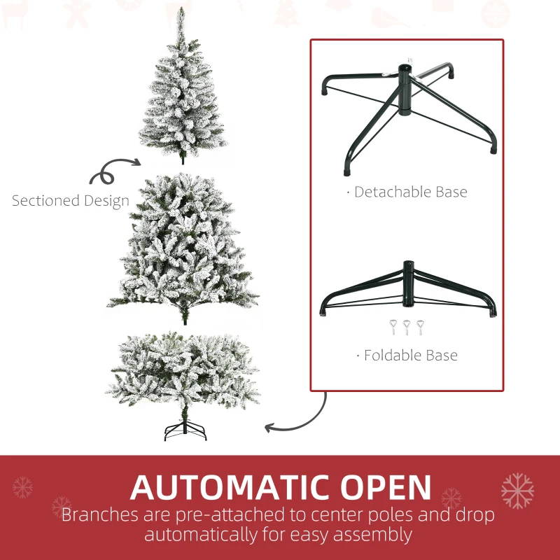 HOMCOM 7.5ft Flocked Christmas Tree, Pine Artificial Christmas Tree with 1300 Branches Tips, Steel Base, Automatic Open, Green