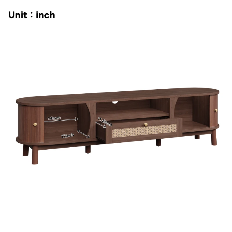 Rattan TV Stand with Solid Wood Doors and Drawers, Natural Country Style Storage Solution, Easy Installation, 65" L x 14.5" W x 18" H, Natural Walnut