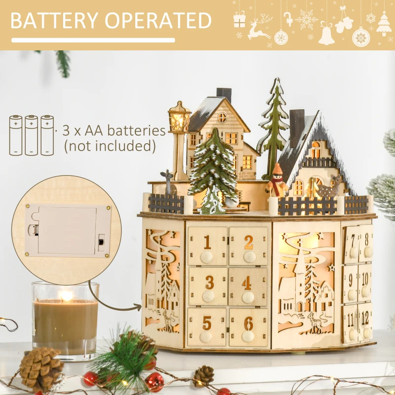 HOMCOM Wooden Christmas Advent Calendar, Lighted 24 Days Countdown to Christmas Table Decoration with Drawers for Kids and Adults, Battery Operated, Natural