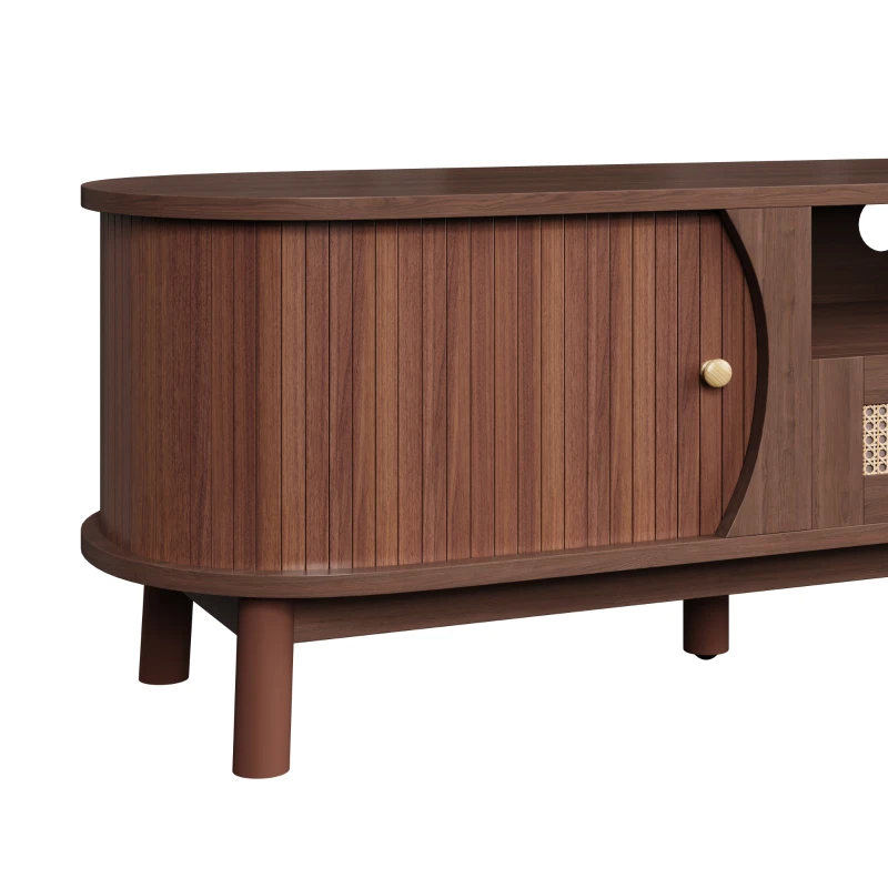 Rattan TV Stand with Solid Wood Doors and Drawers, Natural Country Style Storage Solution, Easy Installation, 65" L x 14.5" W x 18" H, Natural Walnut