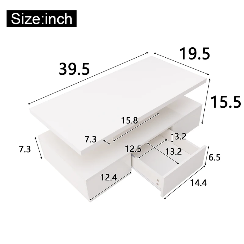 Modern High-Gloss Coffee Table with Hidden Drawer, Particle Board Construction, Modern Design, Easy to Install, 39.5" L x 19.5" W x 15.5" H, White