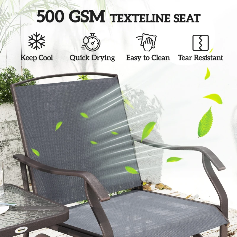Outsunny 3 Piece Outdoor Glider Chair with Coffee Table Bistro Set, 2 Patio Rocking Swing Chairs with Breathable Sling Fabric, Glass Tabletop, for Backyard, Garden and Porch, Gray