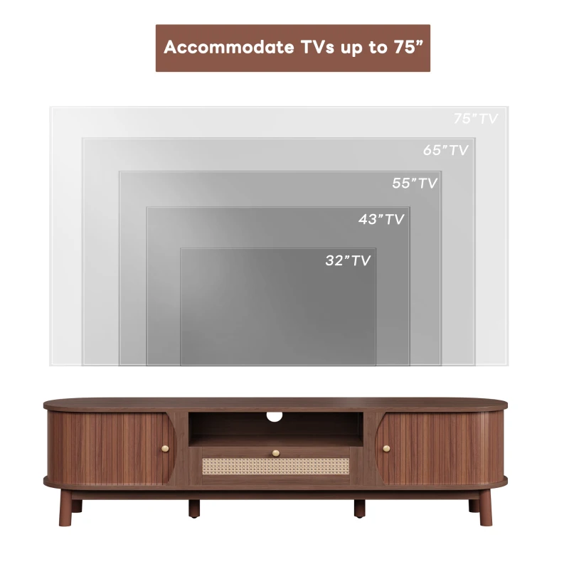 Rattan TV Stand with Solid Wood Doors and Drawers, Natural Country Style Storage Solution, Easy Installation, 65" L x 14.5" W x 18" H, Natural Walnut
