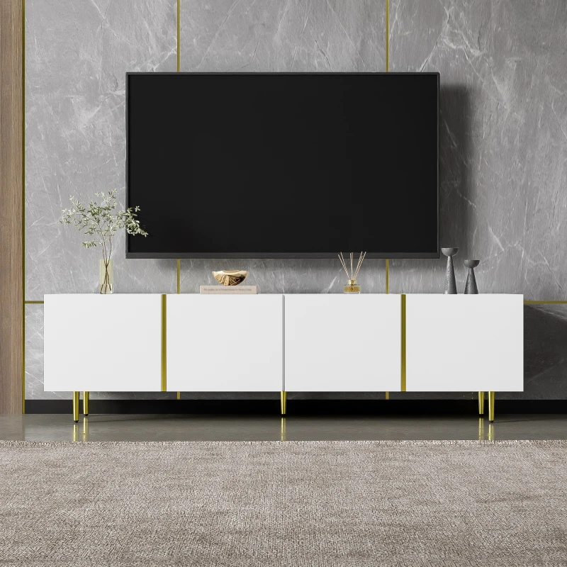 High-Gloss TV Stand with 4 Doors and Modern Minimalist Design, Soft-Close Hinges, Modern Design, Easy to Install, 67" L x 13.5" W x 18" H, White