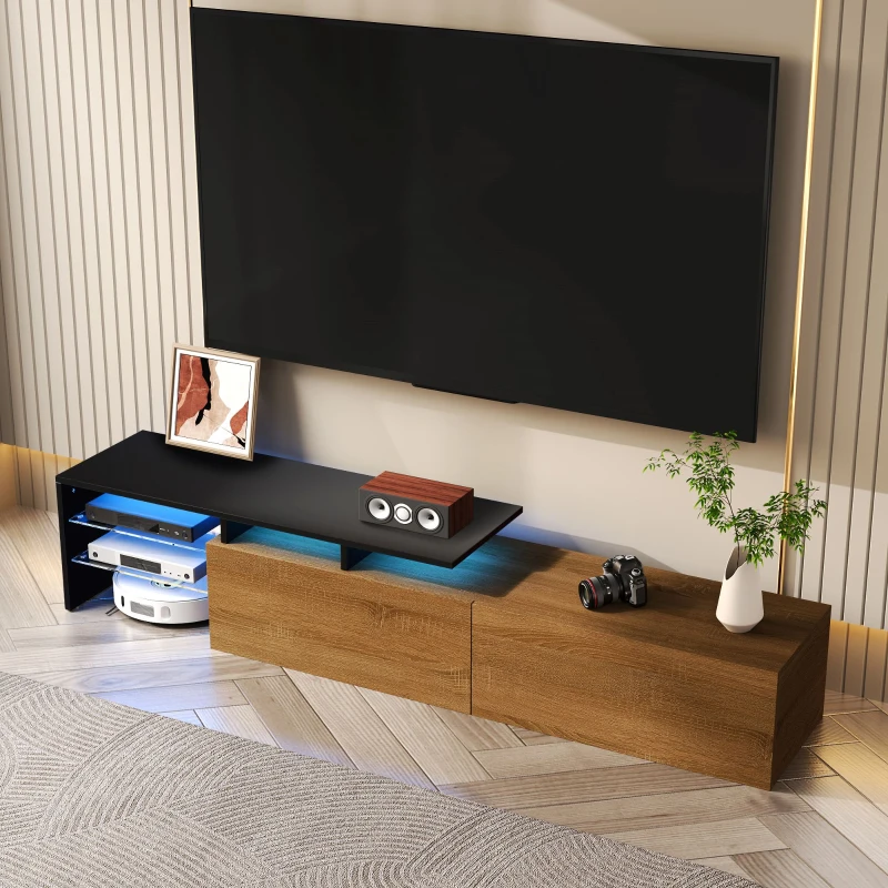 Modern TV Stand with Glass Shelves and LED Lighting, Stylish Storage Solution, Modern and Stylish Design, 67" L x 13" W x 13" H, Black+Natural