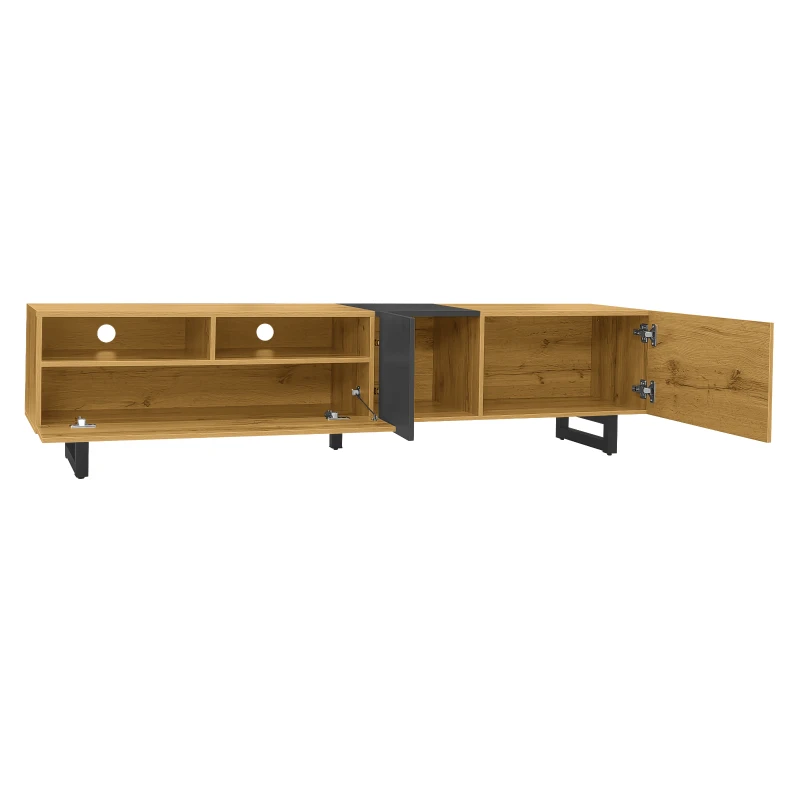 Colour Coordinated TV Stand with U-Shaped Metal Legs, 3 Doors and 2 Compartments, Easy Assembly, 67" L x 14" W x 16.5" H, Black+Natural