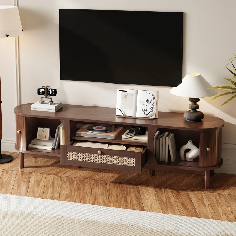 Rattan TV Stand with Solid Wood Doors and Drawers, Natural Country Style Storage Solution, Easy Installation, 65" L x 14.5" W x 18" H, Natural Walnut