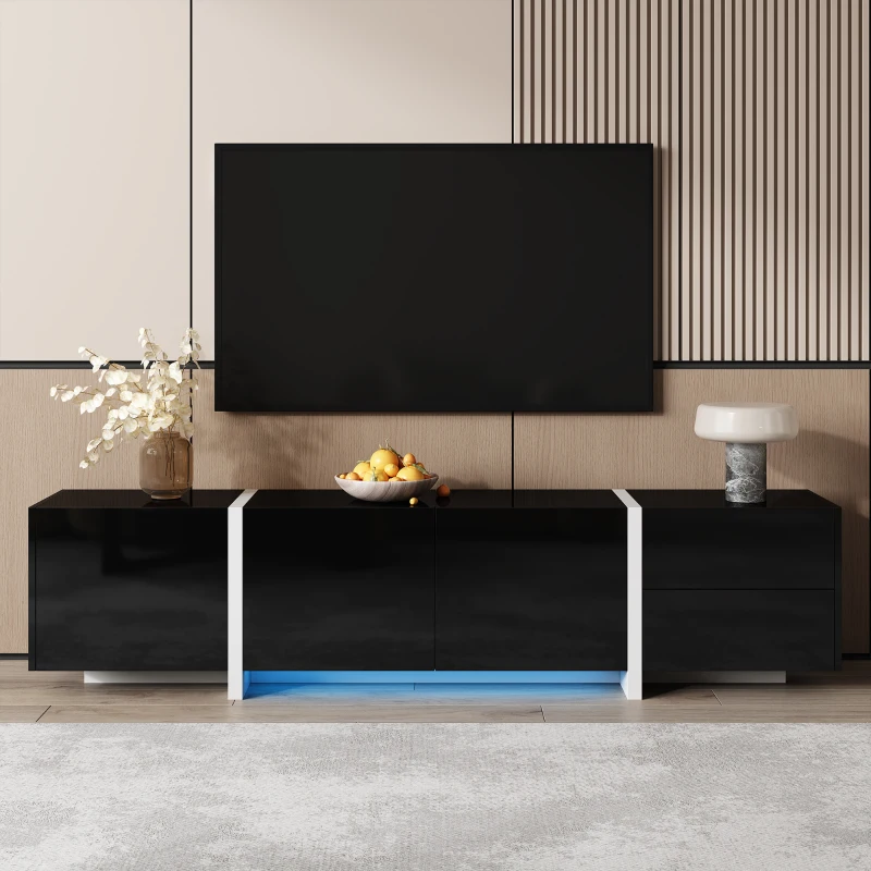 Modern TV Cabinet with High Gloss Finish and LED Light Strip, Ample Storage Space, Easy Assembly, 67" L x 11.5" W x 11.5" H, Black