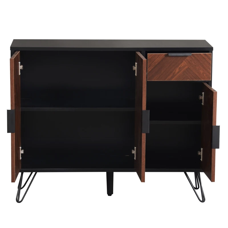 Modern Storage Cabinet with Drawer and Adjustable Shelves, Sideboard with Black Metal Feet, 35.5" L x 11.5" W x 28.5" H, Black+Wood
