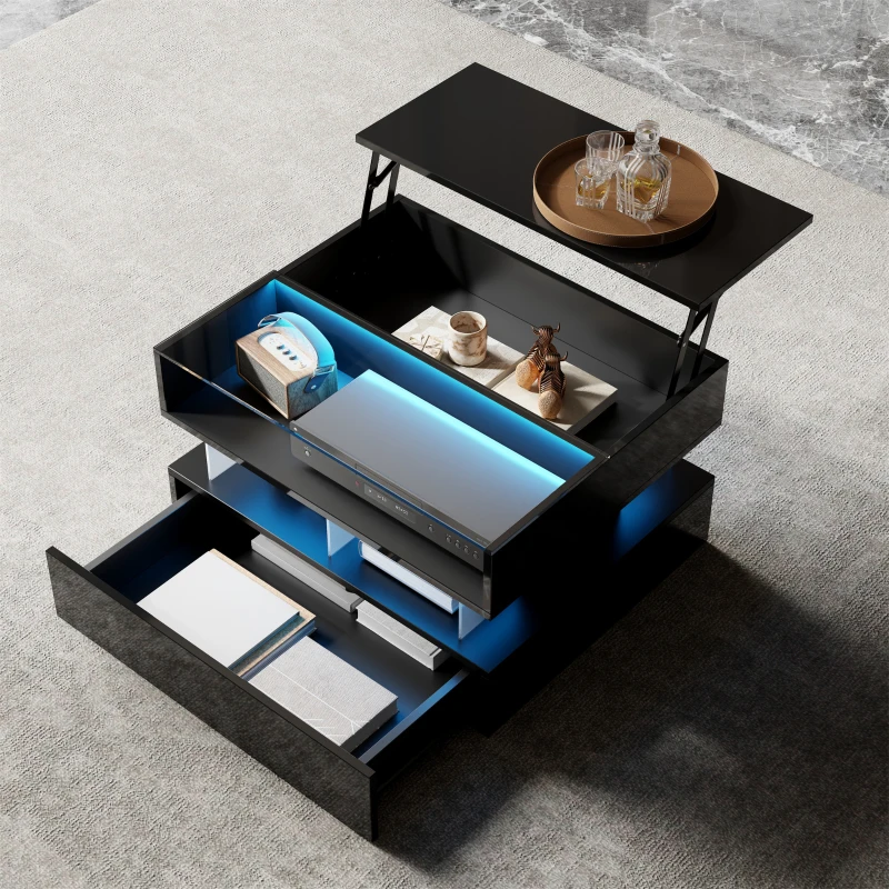 High-Gloss Coffee Table with Glass Top and LED Lighting, Storage Drawer and Adjustable Height, Easy to Install, 26" L x 21.5" W x 21.5" H, Black