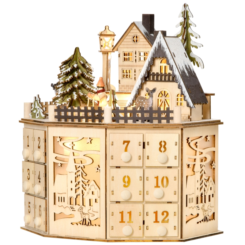 HOMCOM Wooden Christmas Advent Calendar, Lighted 24 Days Countdown to Christmas Table Decoration with Drawers for Kids and Adults, Battery Operated, Natural