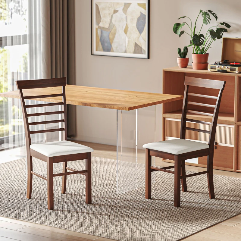 HOMCOM Wooden Dining Chairs Set of 2, Farmhouse Upholstered Kitchen Chairs with Rubber Wood Frame, Dark Brown and Beige