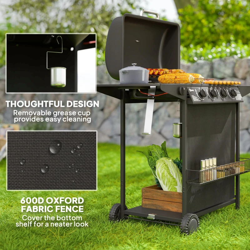 Outsunny 4+1 Burner Propane Gas BBQ Grill, Portable Gas Barbecue Grill with Side Burner, Thermometer, Lid, Side Table, Shelf, Spice Rack, Wheels, Grease Cup for Garden, Black