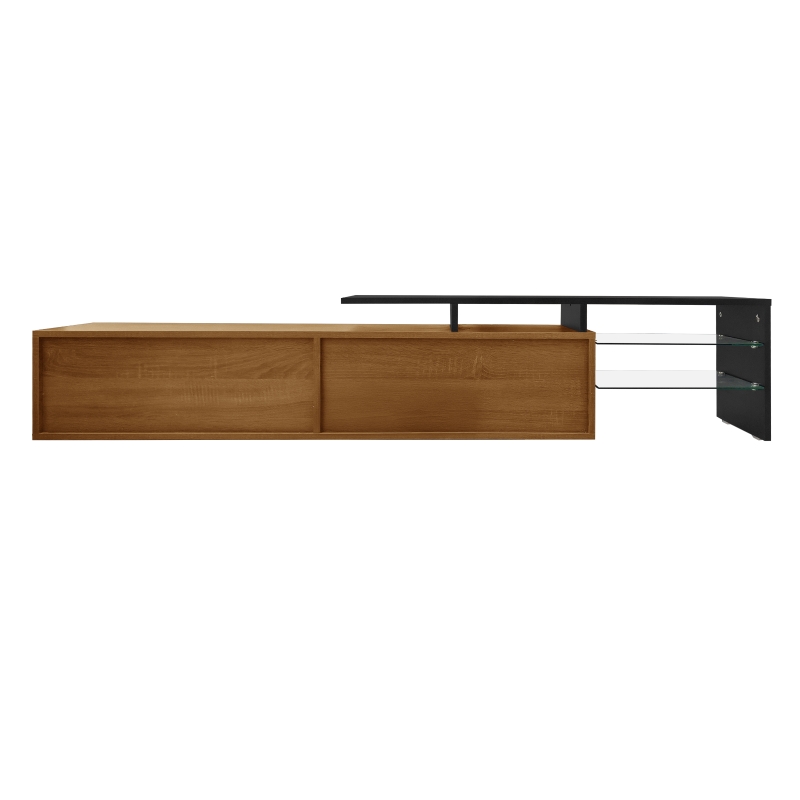 Modern TV Stand with Glass Shelves and LED Lighting, Stylish Storage Solution, Modern and Stylish Design, 67" L x 13" W x 13" H, Black+Natural