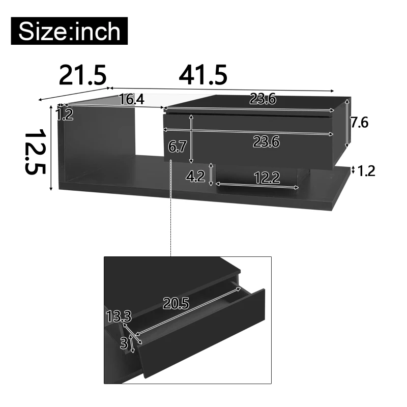High-Gloss Black Coffee Table with Glass and LED Effect, Spacious Surface and Practical Storage, Easy to Install, 41.5" L x 21.5" W x 12.5" H, Black