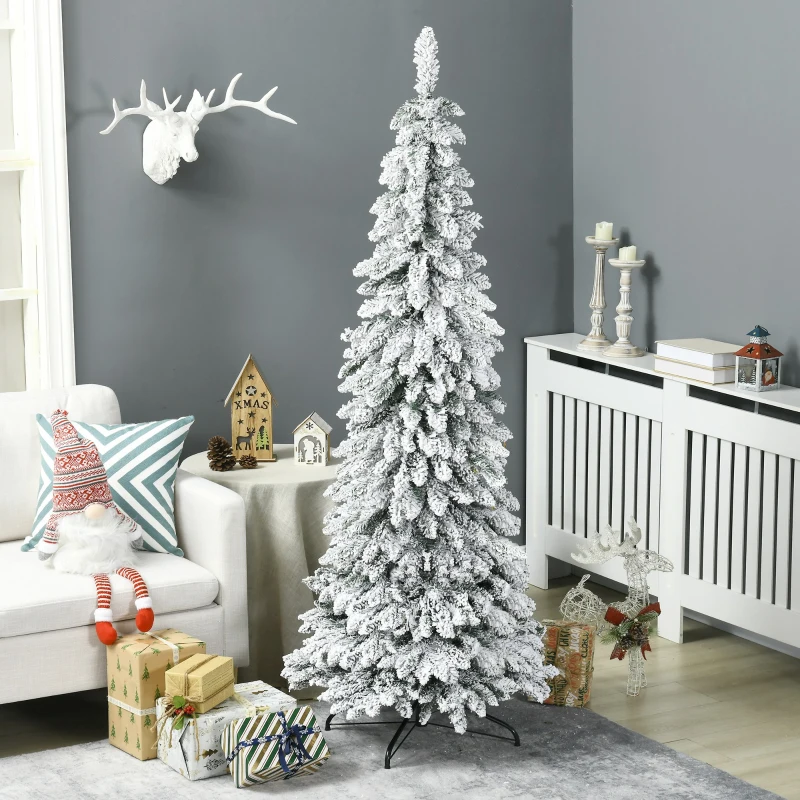 HOMCOM 6' Artificial Slim Flocked Christmas Trees, with Snow Frosted Branches, Downswept Shape, Steel Base