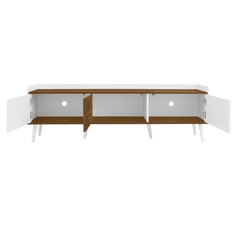 TV Stand with Three Doors and Sturdy Wooden Legs, Raised Edge for Safety, Easy to Install, 63" L x 15.5" W x 19.5" H, White+Natural