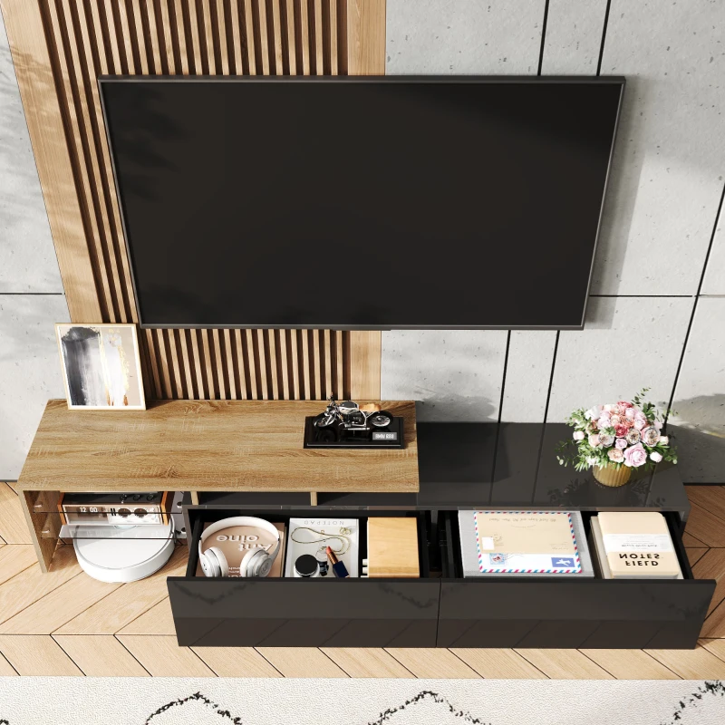 Modern TV Cabinet with Glass Shelves and LED Lighting, Stylish Storage Solution, Modern and Stylish Design, 67" L x 13" W x 13" H, Black+Natural