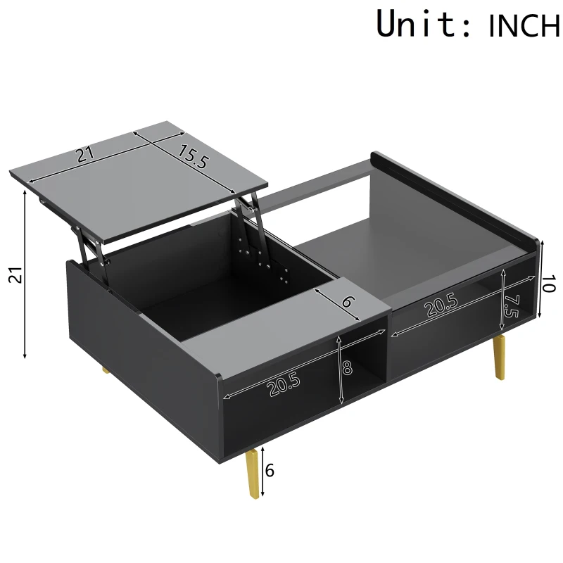High-Gloss Coffee Table with LED Lighting and Glass Top, Adjustable Heigh, Storage Compartments, Easy to Install, 43.5" L x 21.5" W x 15.5" H, Black