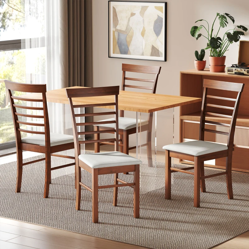 HOMCOM Wooden Dining Chairs Set of 4, Farmhouse Upholstered Kitchen Chairs with Rubber Wood Frame, Dark Brown and Beige