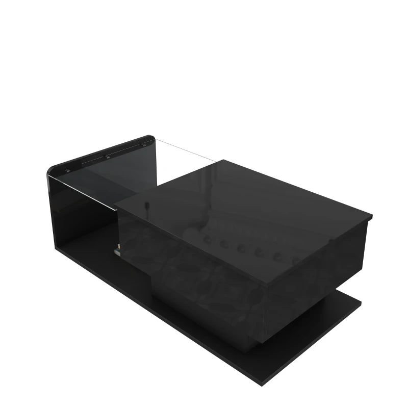High-Gloss Coffee Table with Tempered Glass Top and LED Light Strip, Adjustable Height, Easy to Install, 39.5" L x 19.5" W x 13" H, Black