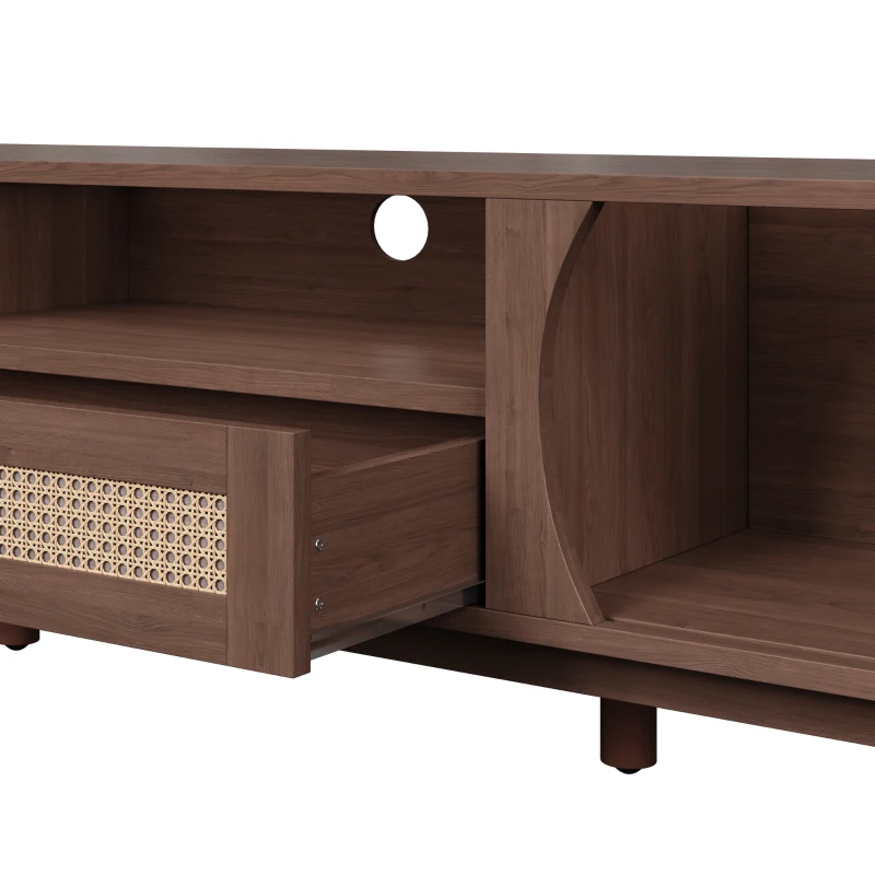 Rattan TV Stand with Solid Wood Doors and Drawers, Natural Country Style Storage Solution, Easy Installation, 65" L x 14.5" W x 18" H, Natural Walnut