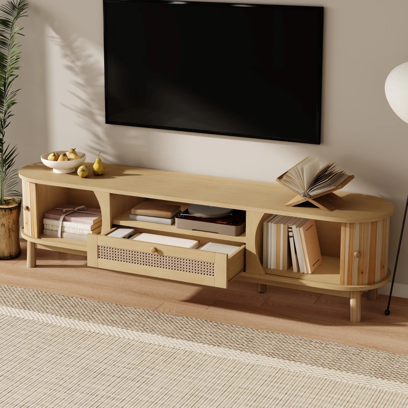 Rattan TV Stand with Solid Wood Doors and Drawers, Natural Country Style Storage Solution, Easy Installation, 65" L x 14.5" W x 18" H, Natural