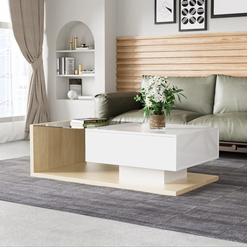High-Gloss Coffee Table with Glass and LED Effect, Modern Design with Storage Compartment, 41.5" L x 21.5" W x 12.5" H, White+Wood