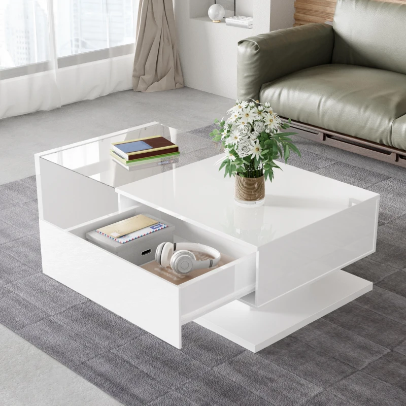 High-Gloss Coffee Table with Glass and LED Effect, Modern Design with Storage Compartment, Easy to Install, 41.5" L x 21.5" W x 12.5" H, White