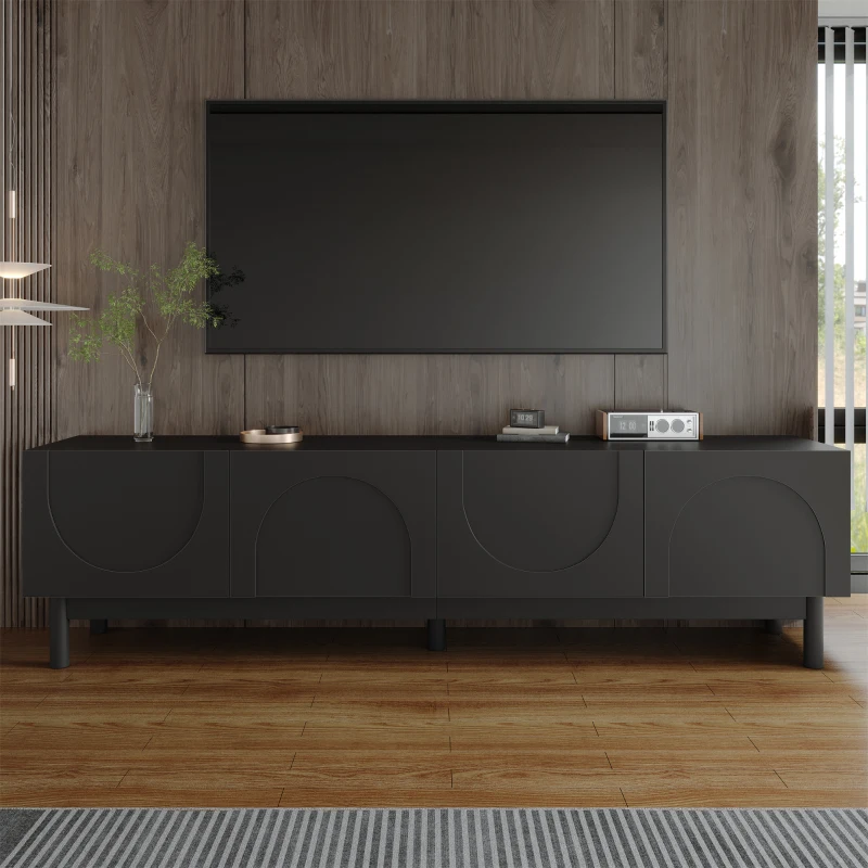 Modern TV Stand with Wave Shaped Doors, Ample Storage and Sturdy Legs, Functional Design, Easy to Install, 66.5" L x 13.5" W x 18" H, Black