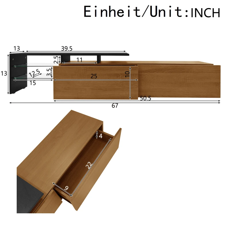 Modern TV Stand with Glass Shelves and LED Lighting, Stylish Storage Solution, Modern and Stylish Design, 67" L x 13" W x 13" H, Black+Natural