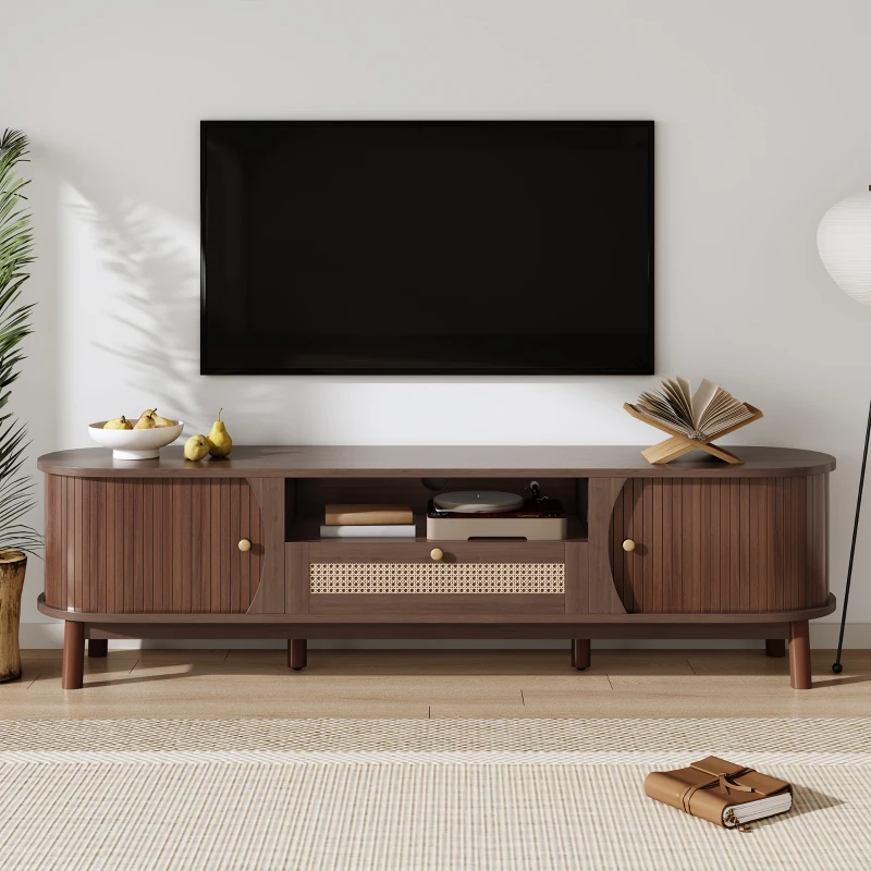 Rattan TV Stand with Solid Wood Doors and Drawers, Natural Country Style Storage Solution, Easy Installation, 65" L x 14.5" W x 18" H, Natural Walnut