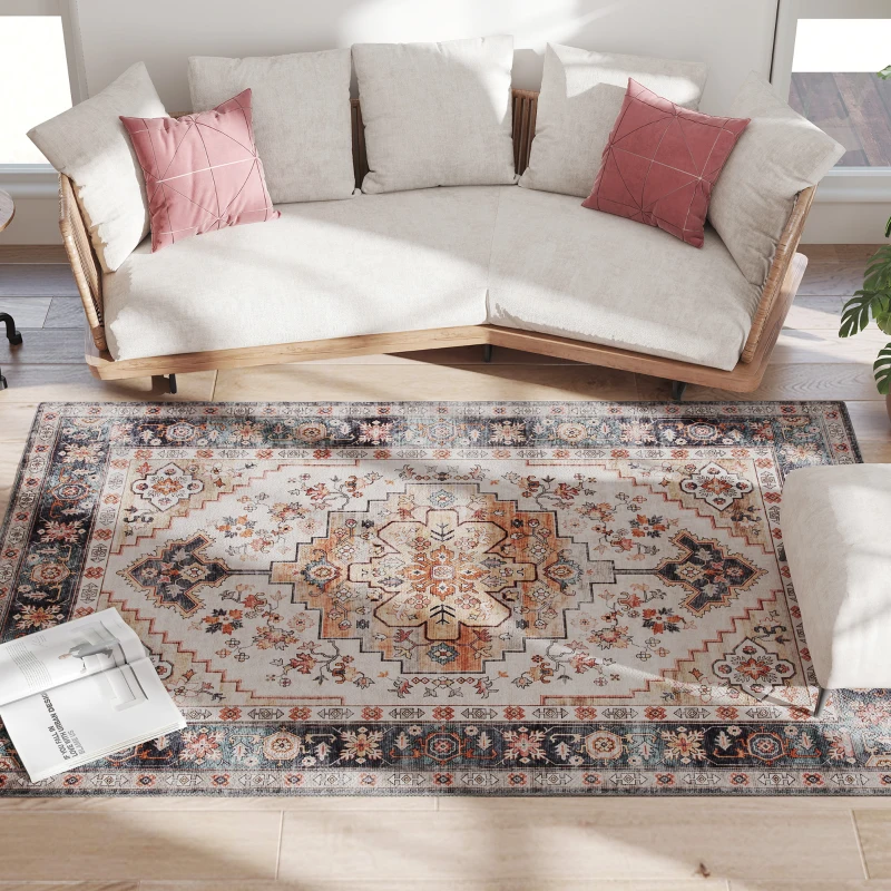 HOMCOM Area Rug 4x6, Machine Washable Rug, Non-Slip Boho Print Pattern Medallion Carpet for Living Room, Bedroom, Tawny Brown