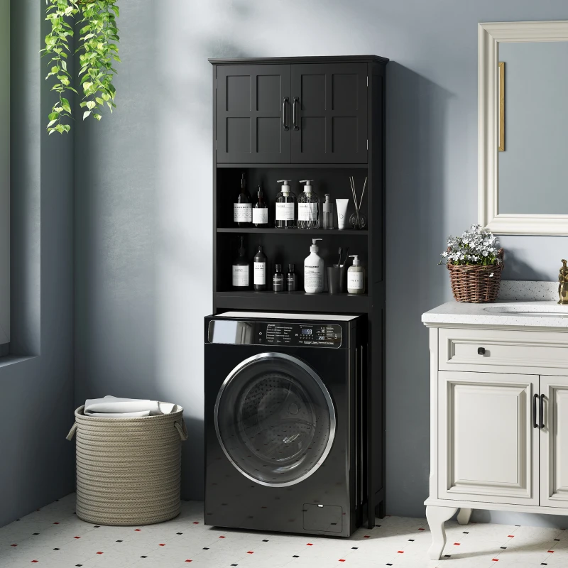 kleankin Modern Over The Toilet Storage, Bathroom Cabinets Over Toilet with Open Shelves and Double Door Cabinet, Black