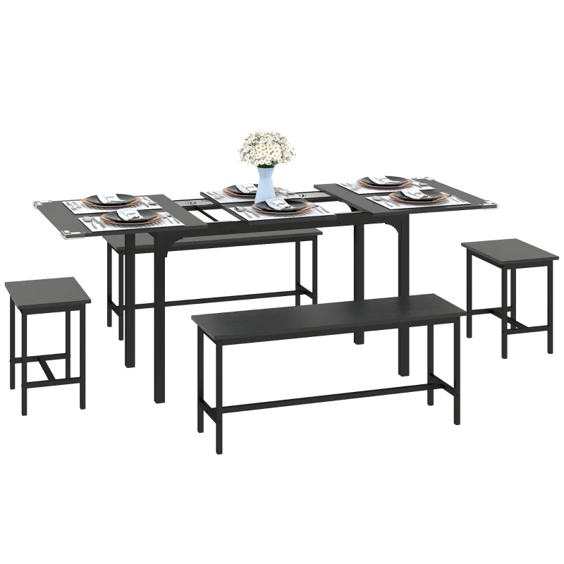 HOMCOM Extendable Dining Table Set, 5-Piece Dining Set for 4-6 with 2 Benches and 2 Stools for Small Spaces, Black