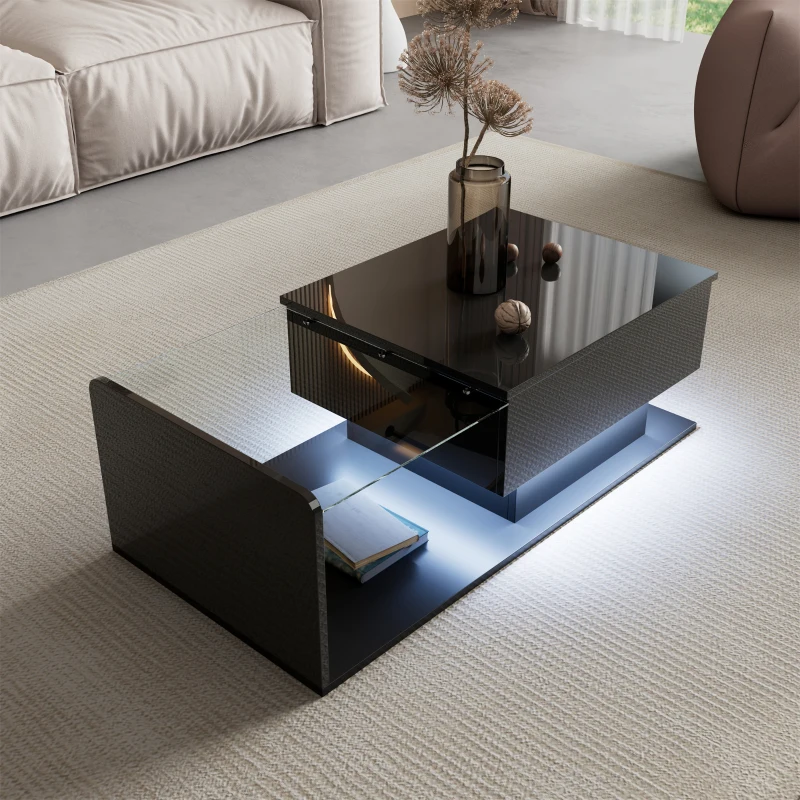 High-Gloss Coffee Table with Tempered Glass Top and LED Light Strip, Adjustable Height, Easy to Install, 39.5" L x 19.5" W x 13" H, Black