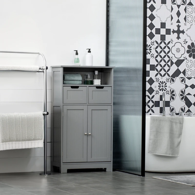 kleankin Freestanding Bathroom Cabinet with Adjustable Shelf and Drawers, Small Cabinet for Bathroom, Living Room, Grey