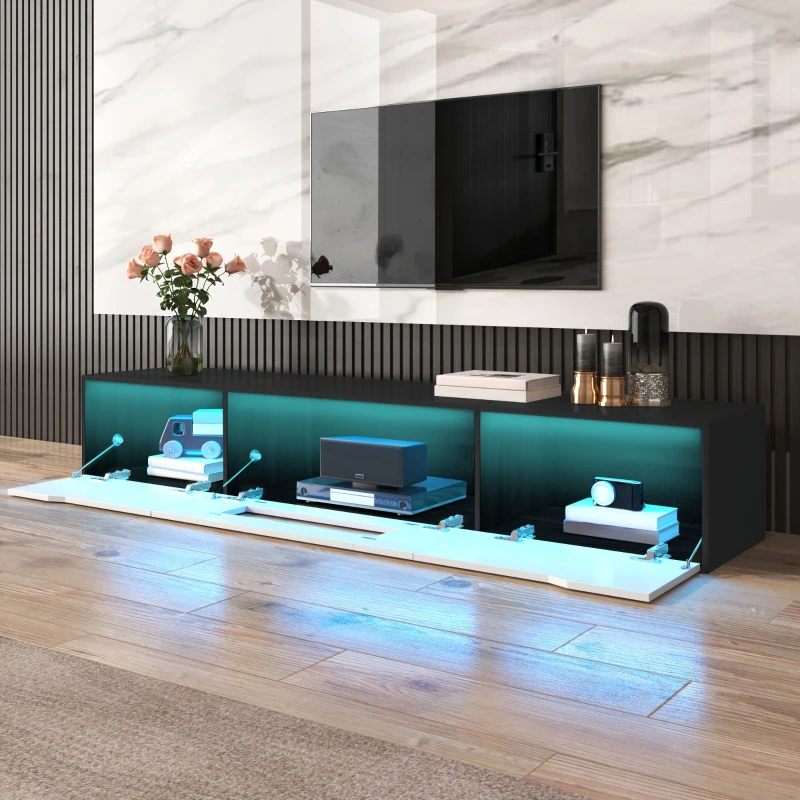 High-Gloss TV Stand with Customizable LED Lighting and Versatile Mounting Options, Modern Design, 71" L x 12" W x 12" H, Black+White