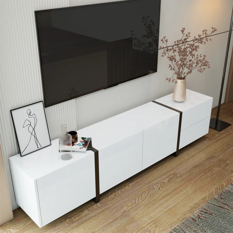 Modern TV Cabinet with High Gloss Finish, Ample Storage with Drawers and Cabinets, Easy Installation, 67" L x 11.5" W x 11.5" H, White