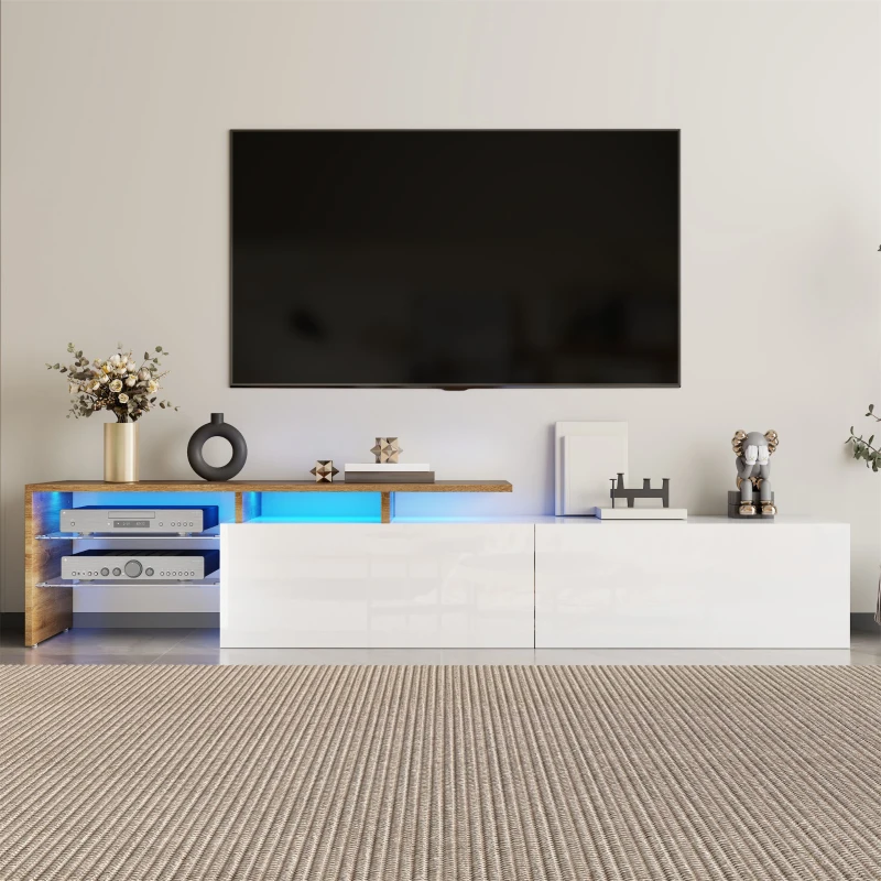 Modern TV Stand with Glass Shelves and LED Lighting, High-Gloss Finish, Smart Storage Solution, 67" L x 13" W x 13" H, White+Natural