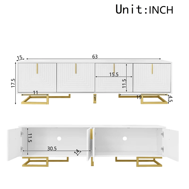 Modern TV Stand with Textured Doors, Gold Handles and Legs, Ample Storage Space, Easy to Install, 63" L x 15" W x 17.5" H, White