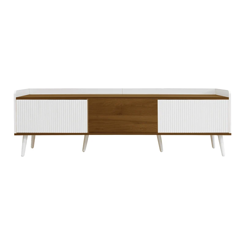 TV Stand with Three Doors and Sturdy Wooden Legs, Raised Edge for Safety, Easy to Install, 63" L x 15.5" W x 19.5" H, White+Natural