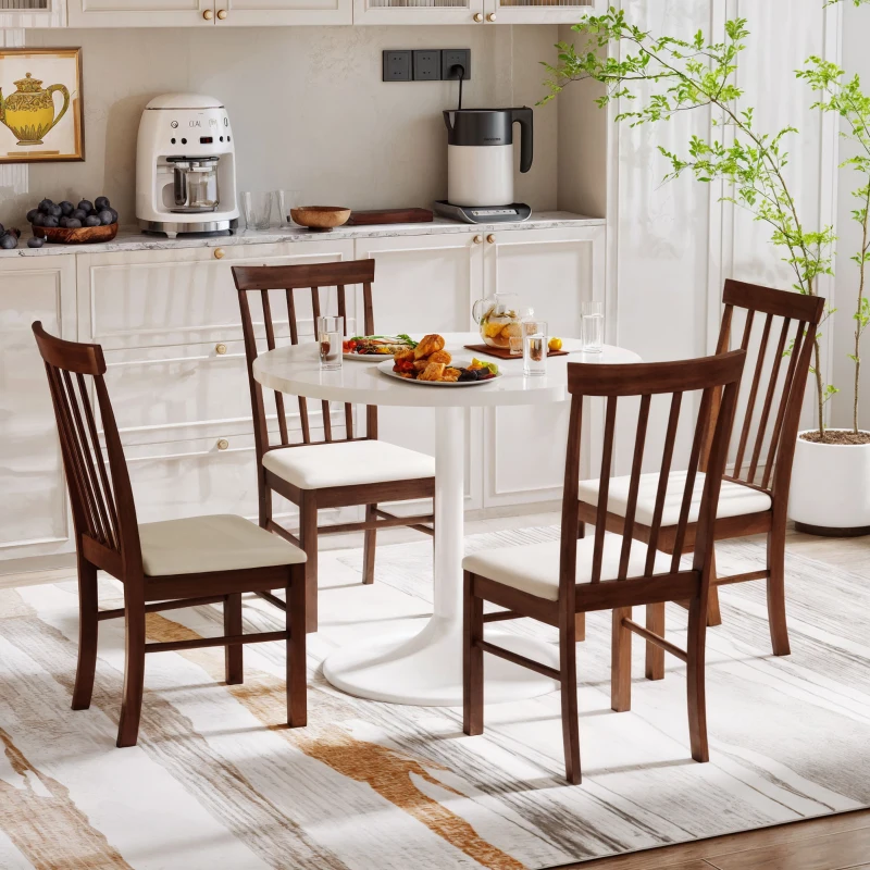 HOMCOM Wooden Dining Chairs Set of 4, Farmhouse Upholstered Kitchen Chairs with Rubber Wood Frame, Dark Brown and Beige