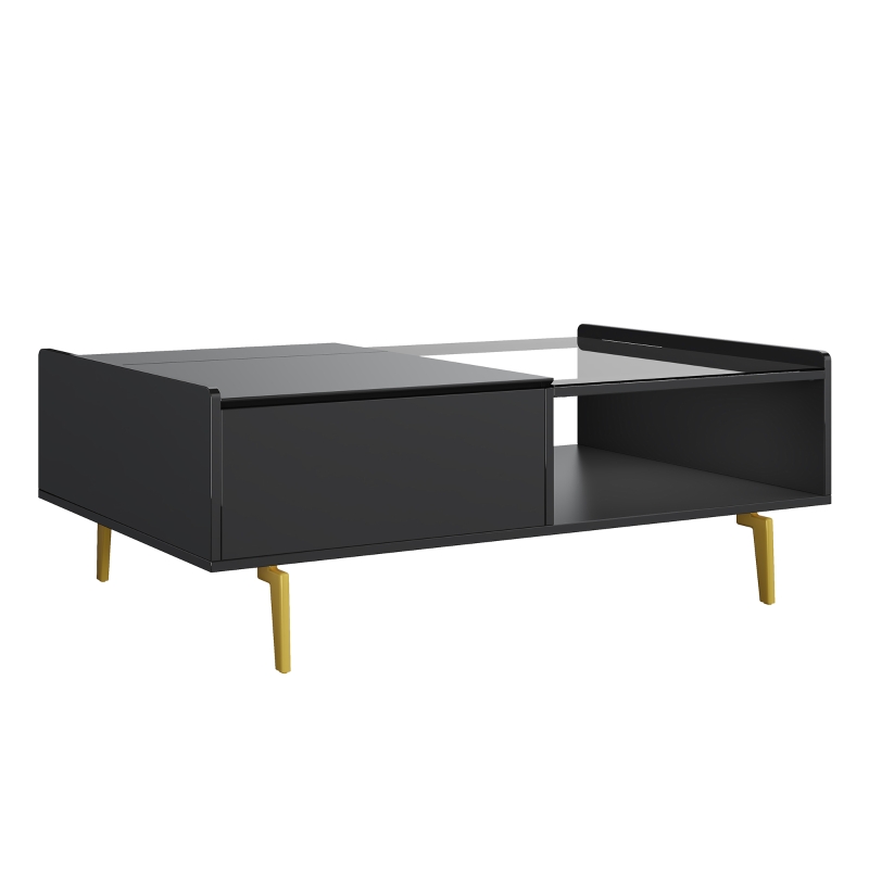 High-Gloss Coffee Table with LED Lighting and Glass Top, Adjustable Heigh, Storage Compartments, Easy to Install, 43.5" L x 21.5" W x 15.5" H, Black