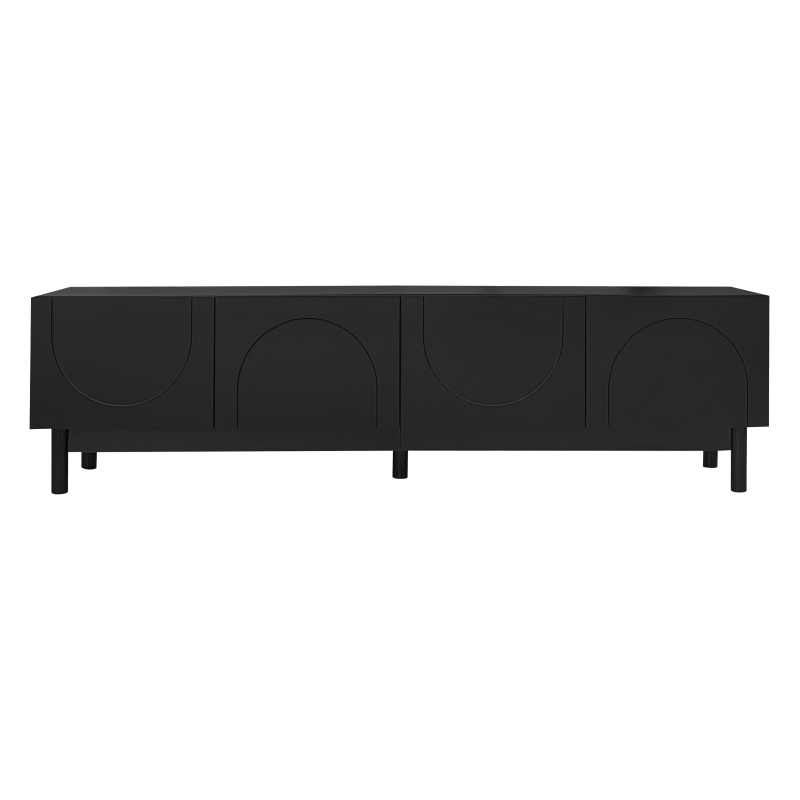 Modern TV Stand with Wave Shaped Doors, Ample Storage and Sturdy Legs, Functional Design, Easy to Install, 66.5" L x 13.5" W x 18" H, Black